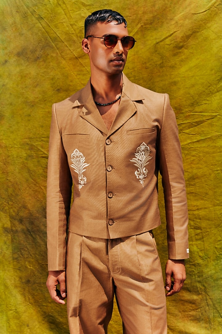 Antelope-Colored Linen Blend Cropped Blazer Set by Not So Couture at Pernia's Pop Up Shop