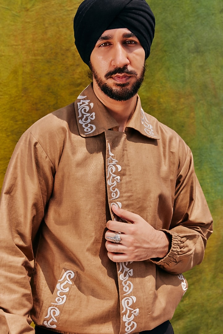 Antelope-Colored Linen Blend Embroidered Bomber Jacket by Not So Couture at Pernia's Pop Up Shop