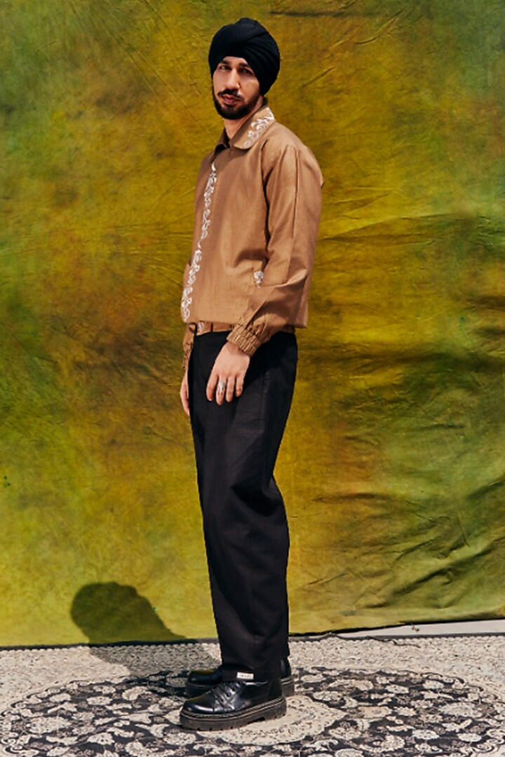 Antelope-Colored Linen Blend Embroidered Bomber Jacket by Not So Couture at Pernia's Pop Up Shop