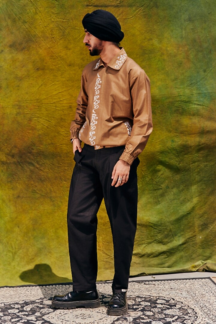 Antelope-Colored Linen Blend Embroidered Bomber Jacket by Not So Couture at Pernia's Pop Up Shop