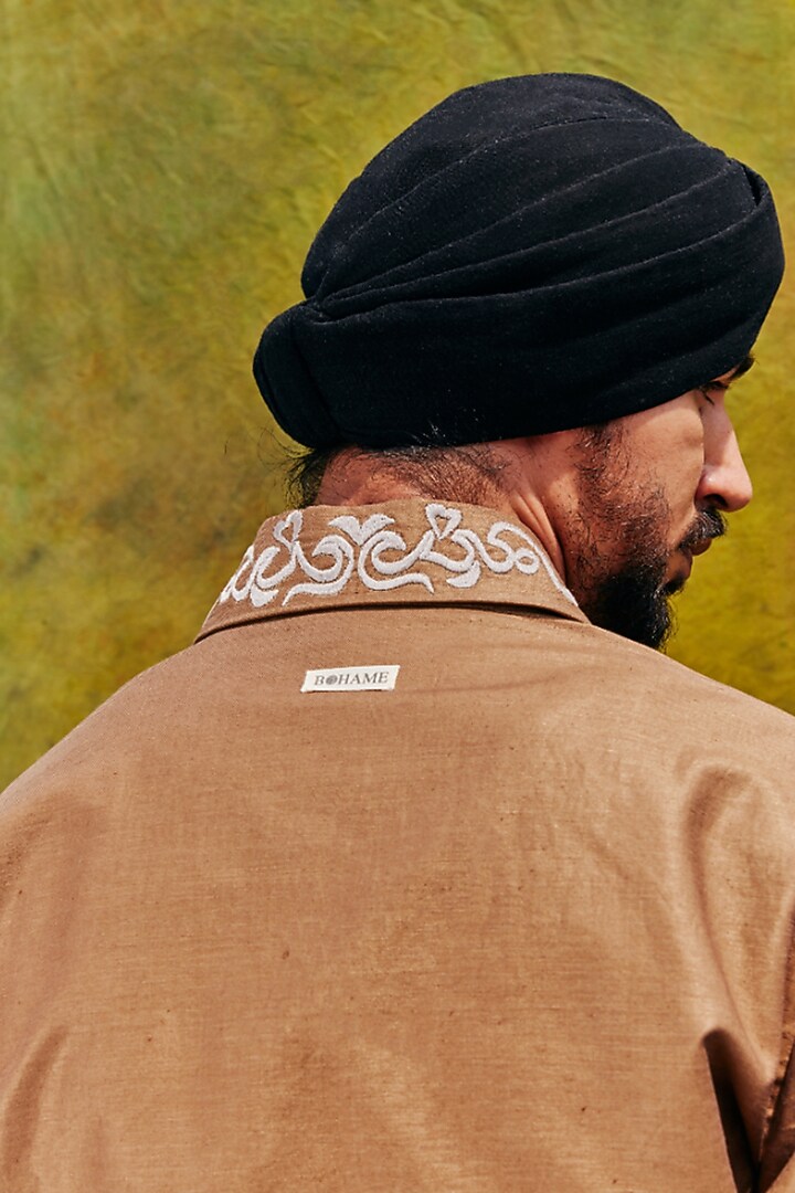 Antelope-Colored Linen Blend Embroidered Bomber Jacket by Not So Couture at Pernia's Pop Up Shop