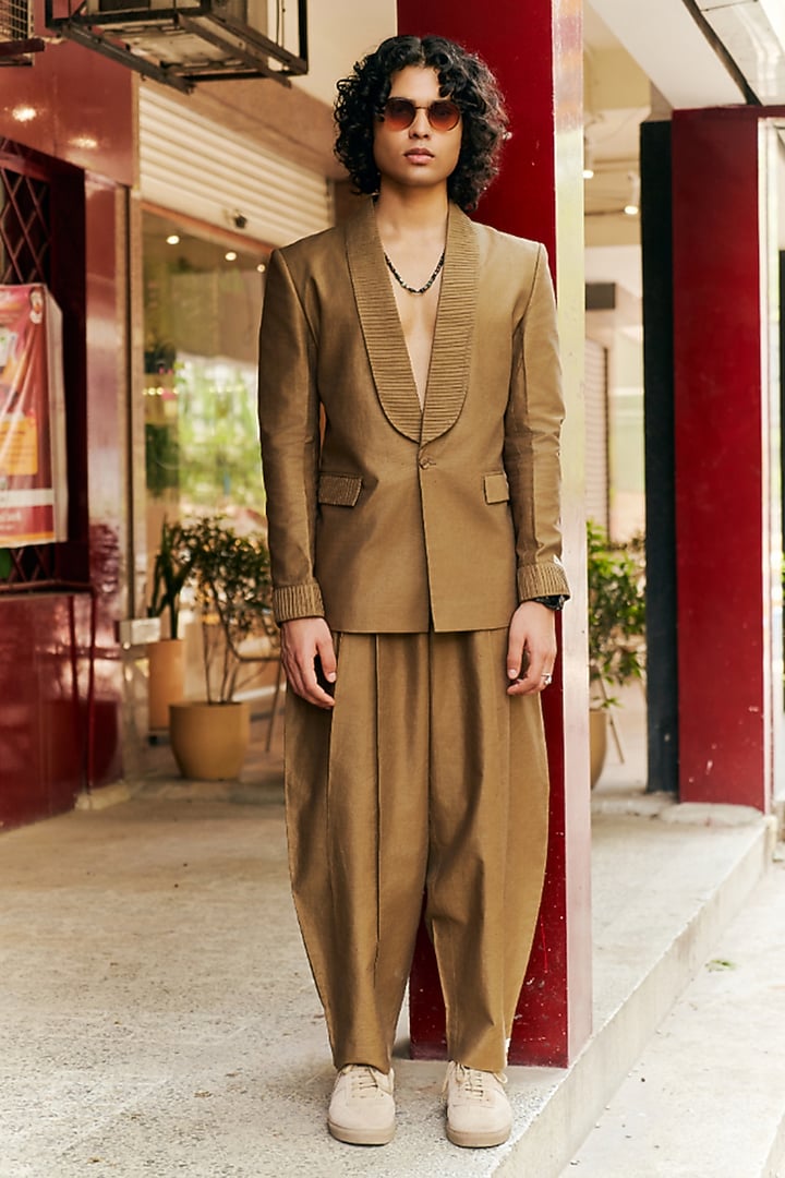 Antelope-Colored Linen Blend Tuxedo Set by Not So Couture at Pernia's Pop Up Shop