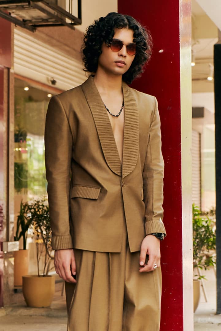 Antelope-Colored Linen Blend Tuxedo Set by Not So Couture at Pernia's Pop Up Shop