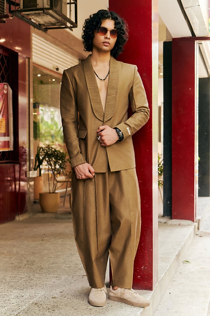 Antelope-Colored Linen Blend Tuxedo Set by Not So Couture at Pernia's Pop Up Shop