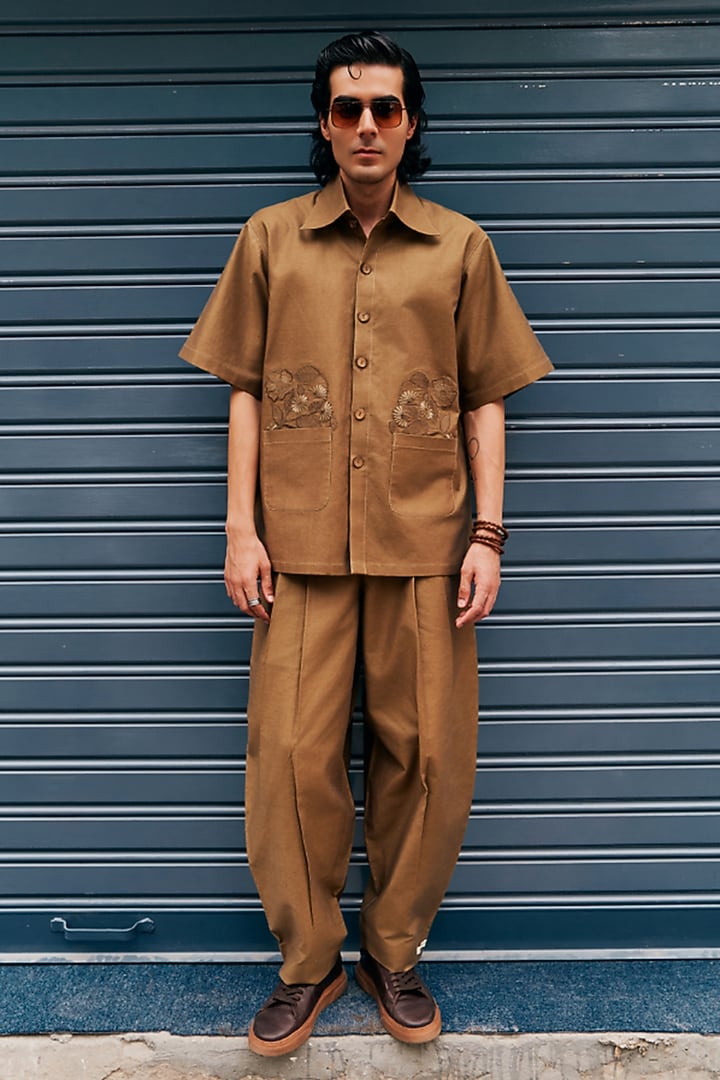 Antelope-Colored Linen Blend Embroidered Party Wear Shirt by Not So Couture at Pernia's Pop Up Shop