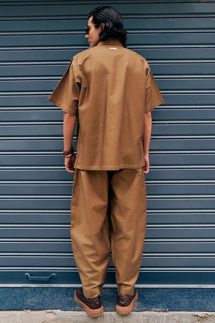 Antelope-Colored Linen Blend Embroidered Party Wear Shirt by Not So Couture at Pernia's Pop Up Shop