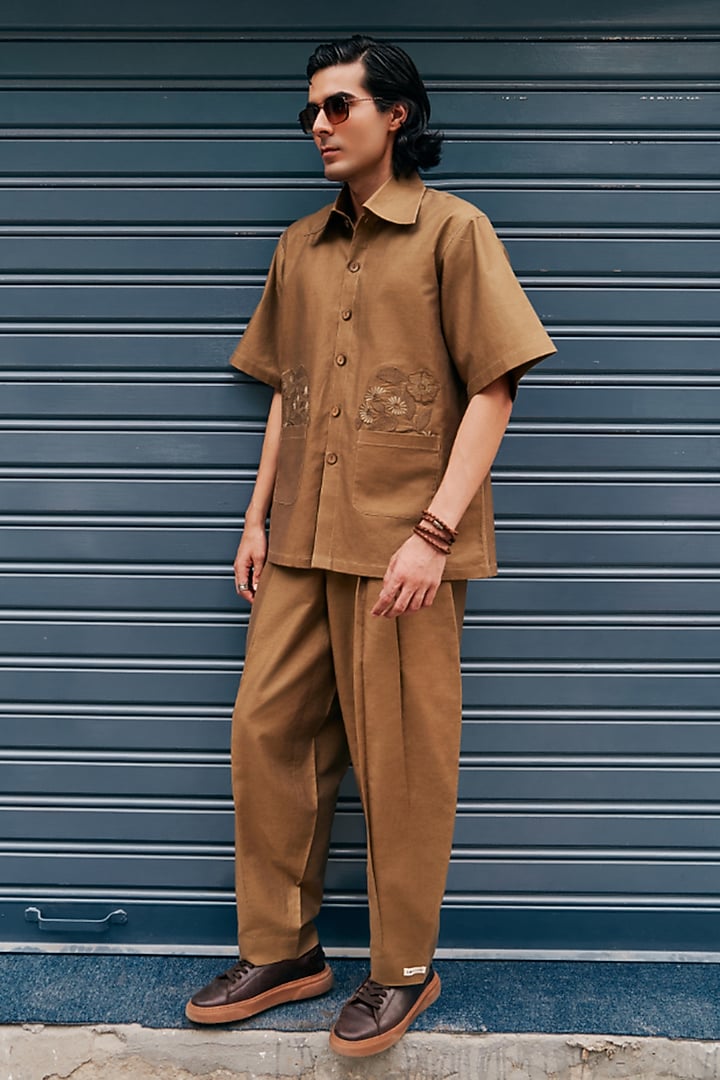 Antelope-Colored Linen Blend Embroidered Party Wear Shirt by Not So Couture at Pernia's Pop Up Shop