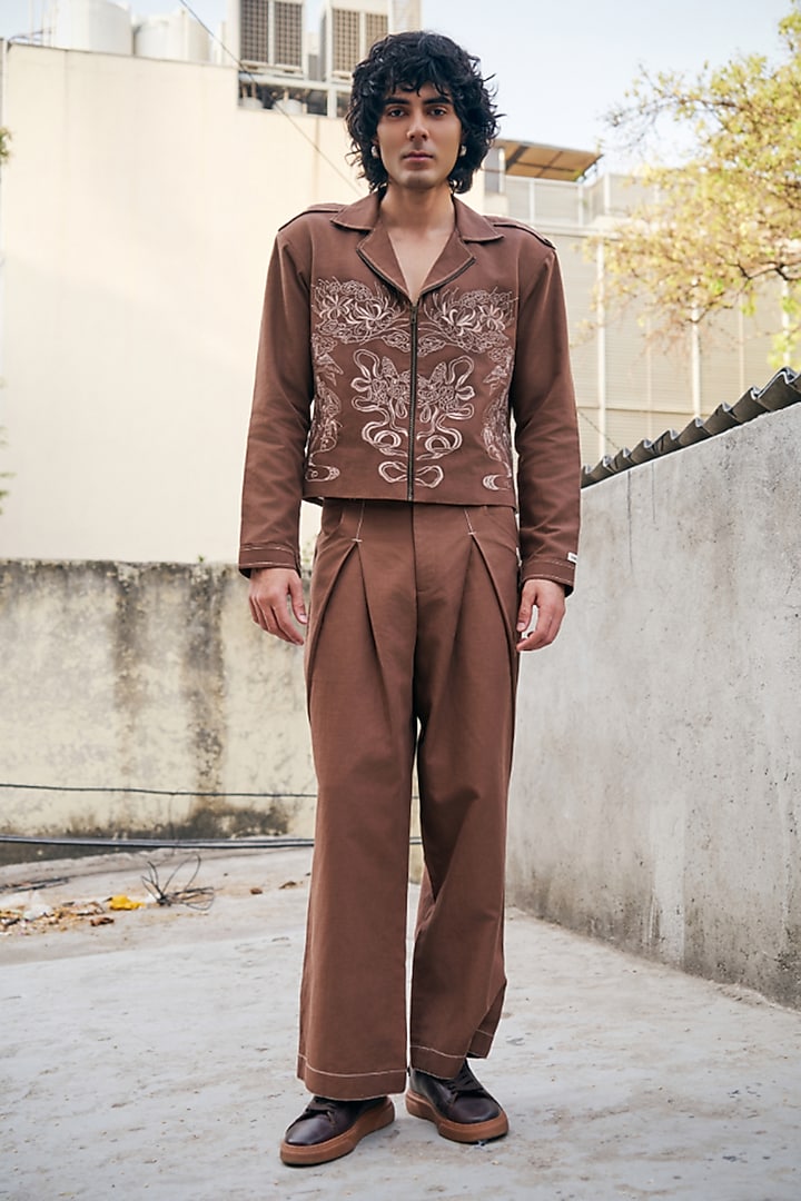 Brown Linen Blend Embroidered Co-Ord Set by Not So Couture at Pernia's Pop Up Shop