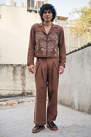 Brown Linen Blend Embroidered Co-Ord Set by Not So Couture