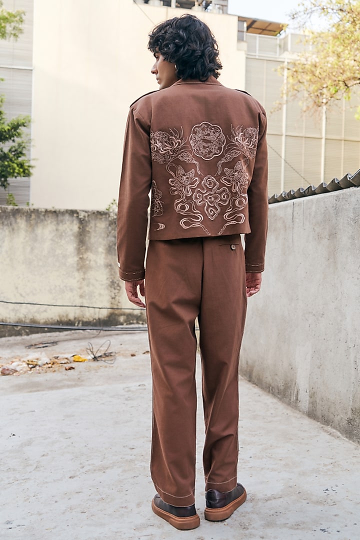Brown Linen Blend Embroidered Co-Ord Set by Not So Couture at Pernia's Pop Up Shop