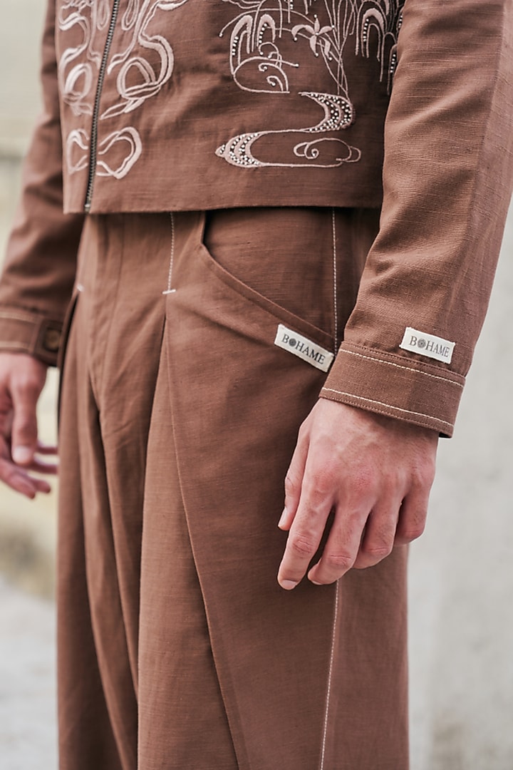Brown Linen Blend Embroidered Co-Ord Set by Not So Couture at Pernia's Pop Up Shop