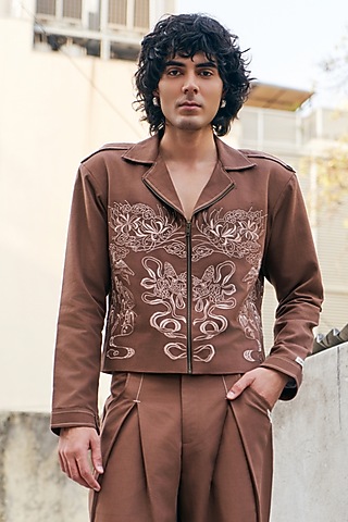 Brown Linen Blend Embroidered Jacket by Not So Couture