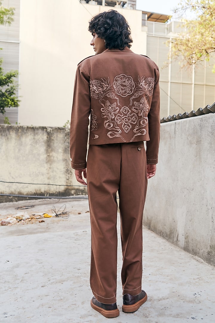 Brown Linen Blend Embroidered Jacket by Not So Couture at Pernia's Pop Up Shop