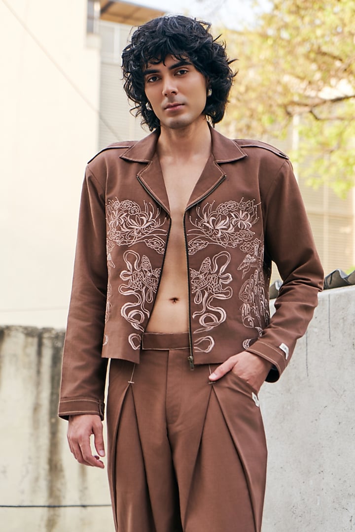 Brown Linen Blend Embroidered Jacket by Not So Couture at Pernia's Pop Up Shop