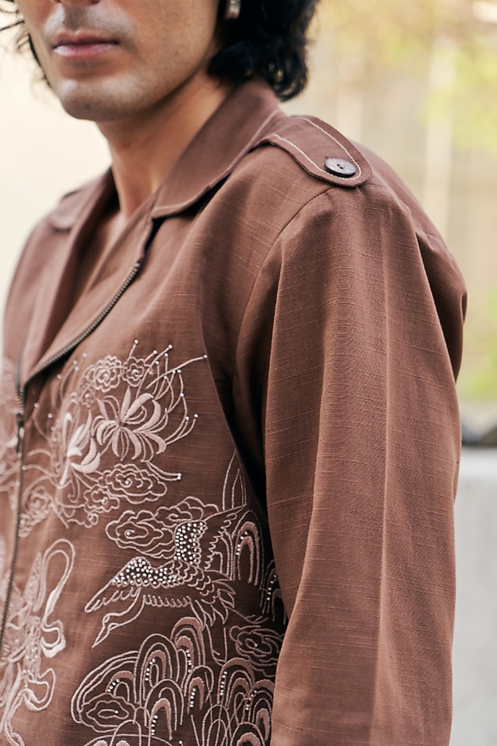 Brown Linen Blend Embroidered Jacket by Not So Couture at Pernia's Pop Up Shop