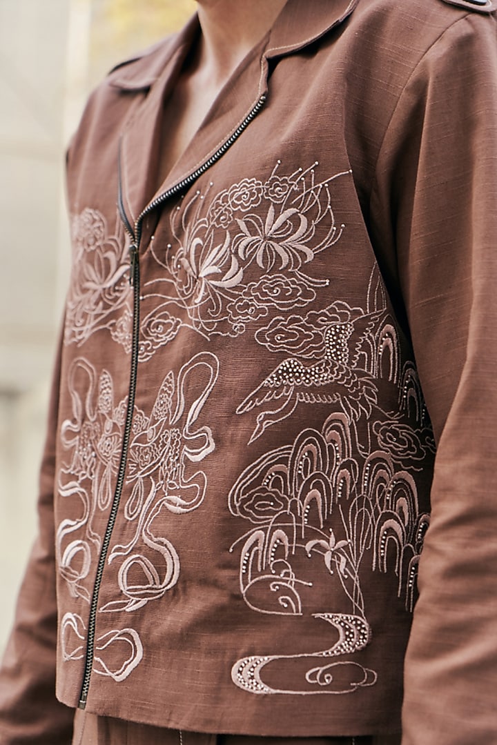 Brown Linen Blend Embroidered Jacket by Not So Couture at Pernia's Pop Up Shop