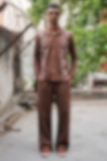 Brown Linen Blend Embroidered Co-Ord Set by Not So Couture at Pernia's Pop Up Shop
