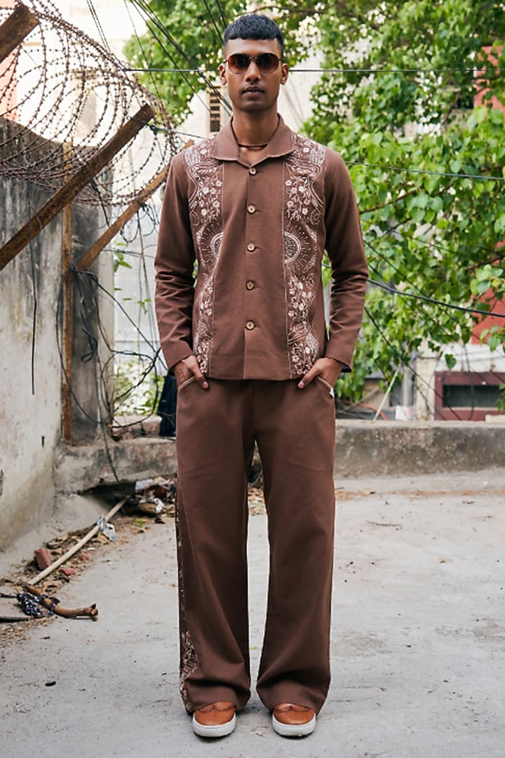 Brown Linen Blend Embroidered Co-Ord Set by Not So Couture at Pernia's Pop Up Shop