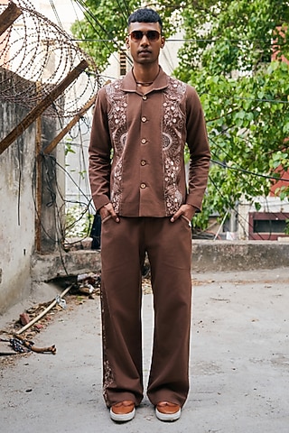 Brown Linen Blend Embroidered Co-Ord Set by Not So Couture