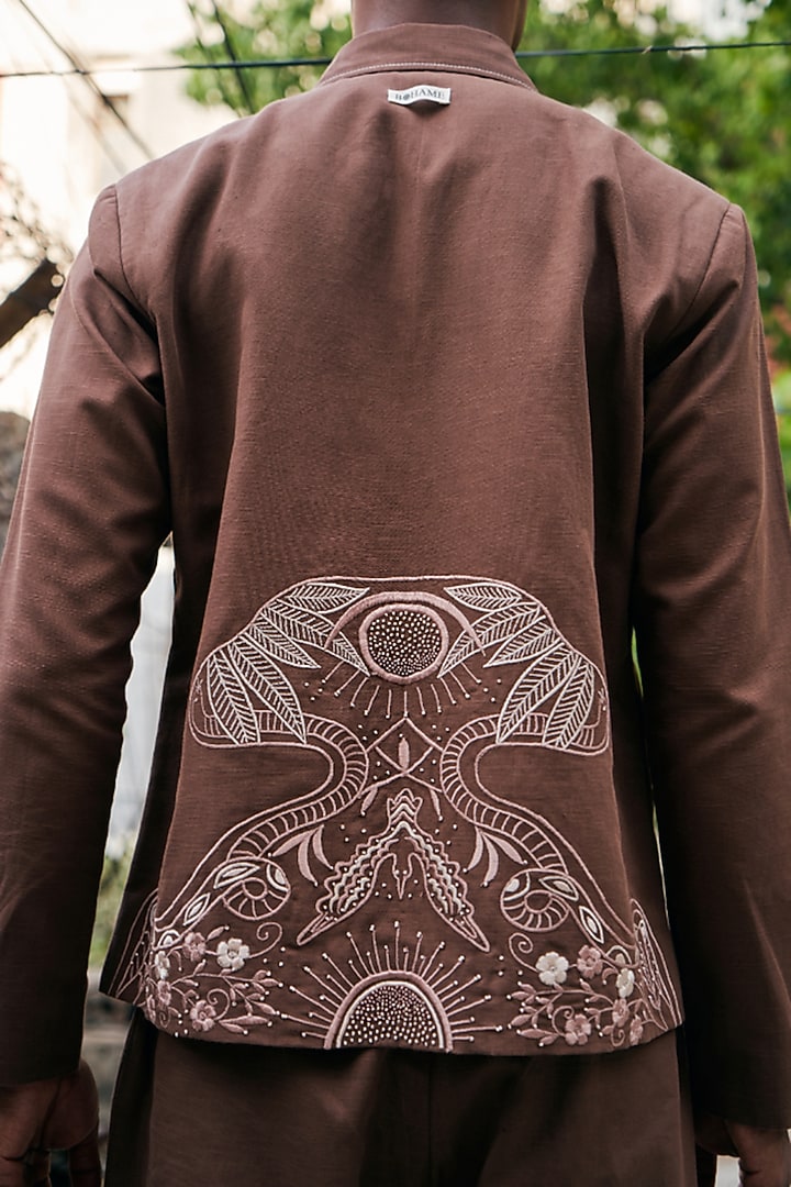 Brown Linen Blend Embroidered Co-Ord Set by Not So Couture at Pernia's Pop Up Shop