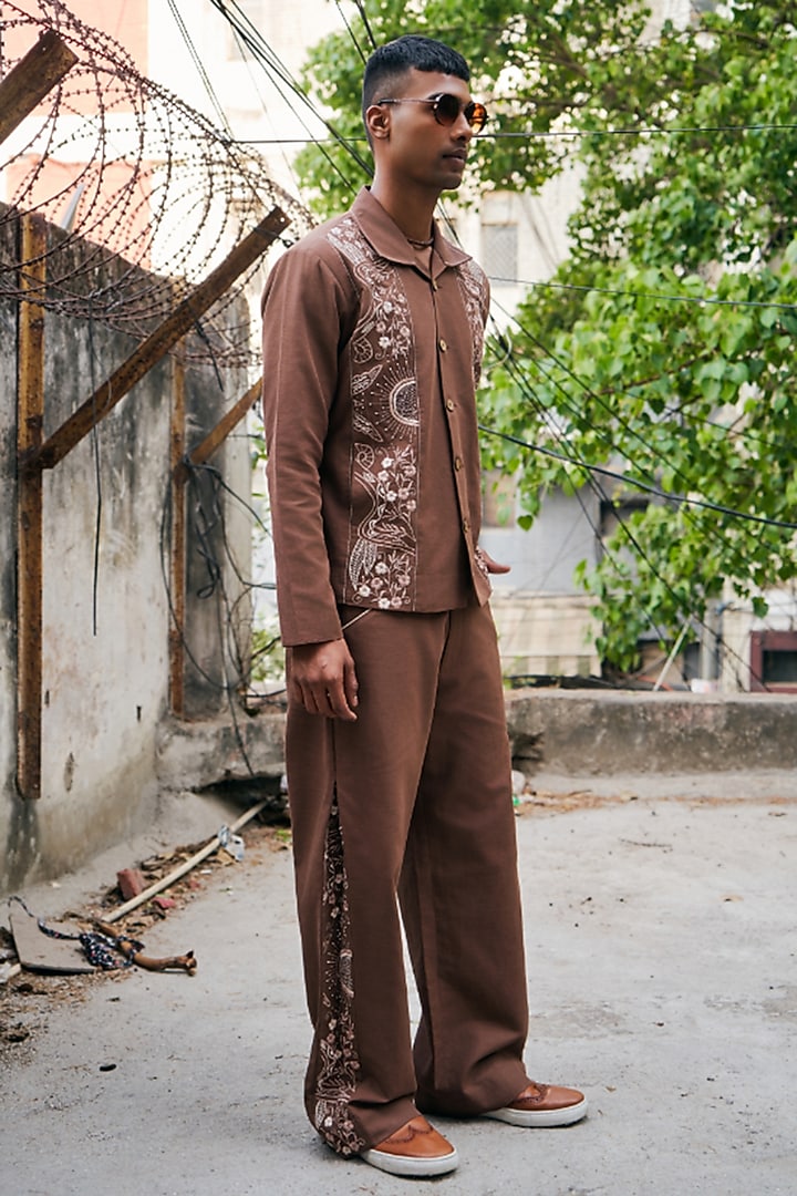 Brown Linen Blend Embroidered Co-Ord Set by Not So Couture at Pernia's Pop Up Shop