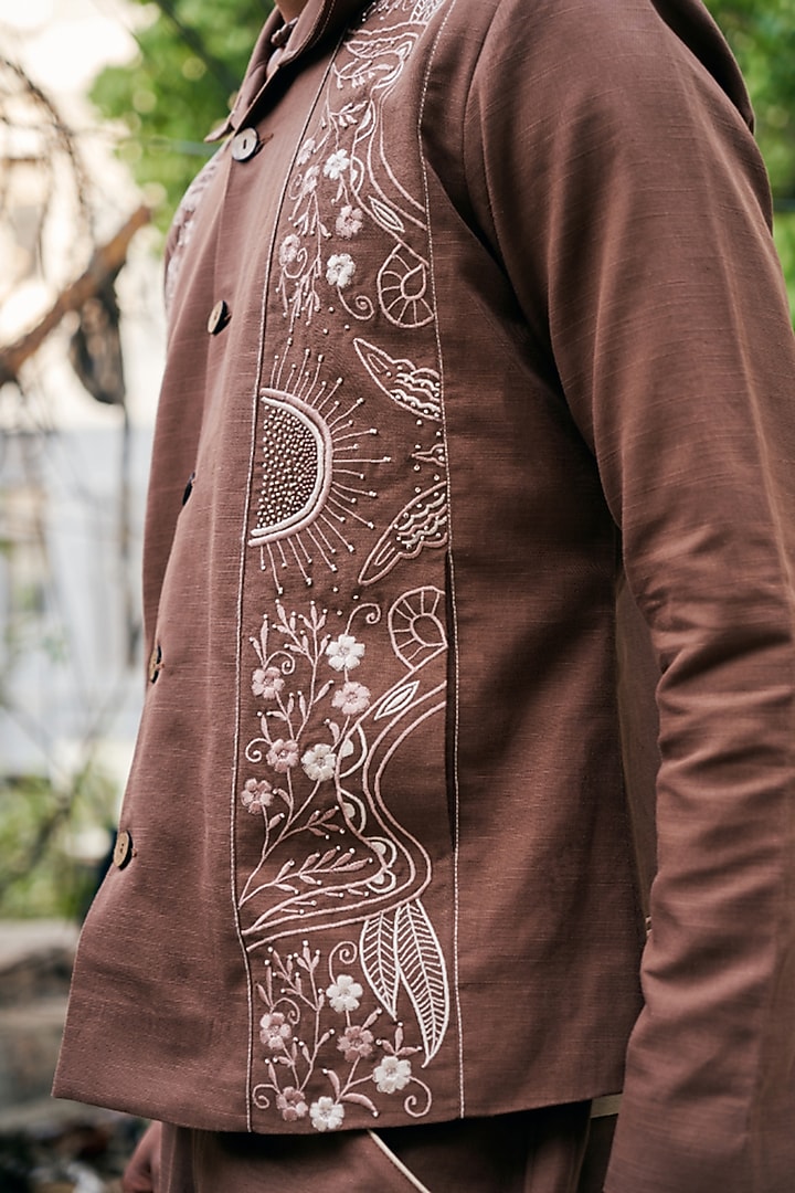 Brown Linen Blend Embroidered Co-Ord Set by Not So Couture at Pernia's Pop Up Shop