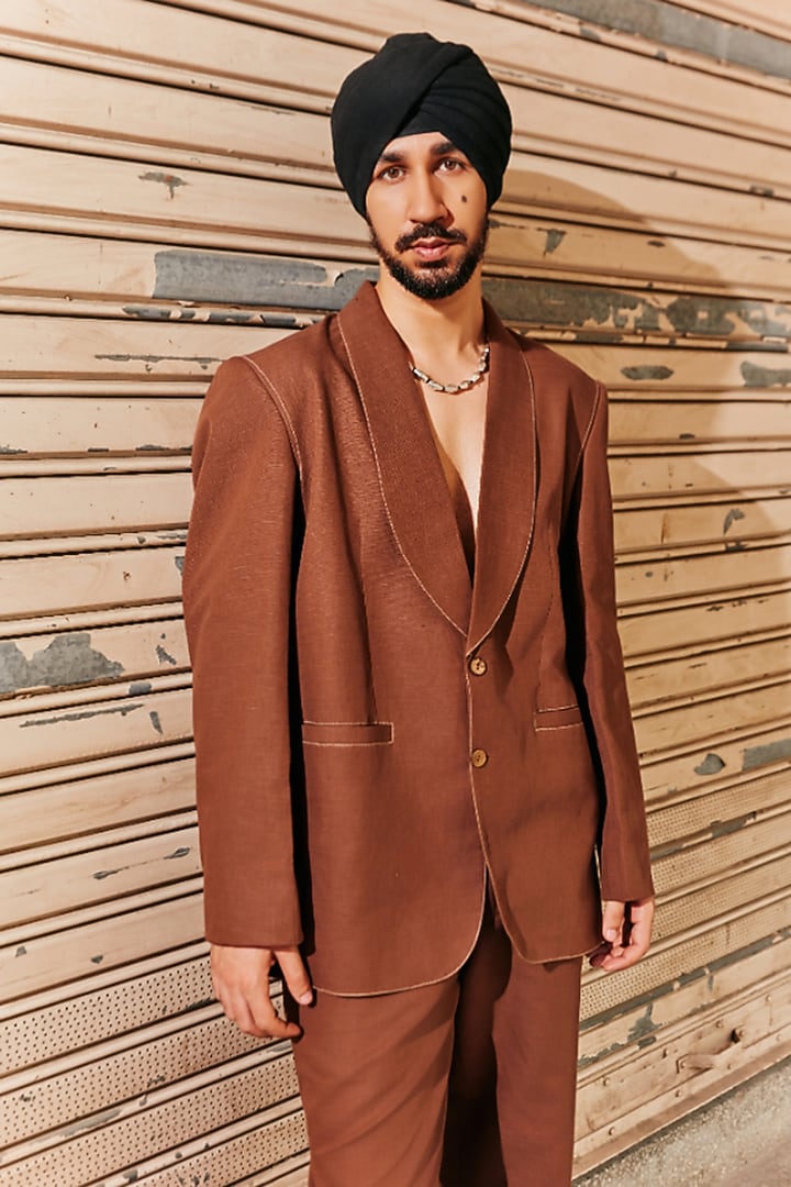 Brown Linen Blend Blazer Set by Not So Couture at Pernia's Pop Up Shop