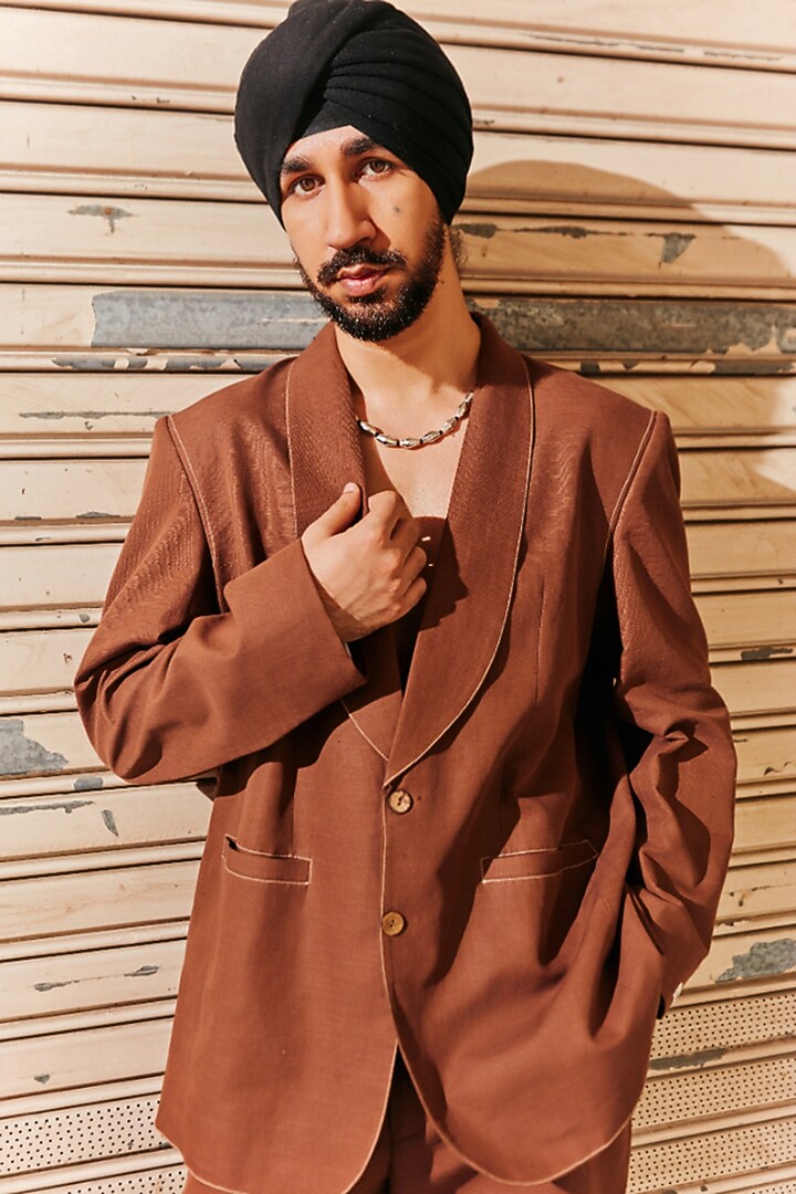 Brown Linen Blend Blazer Set by Not So Couture at Pernia's Pop Up Shop