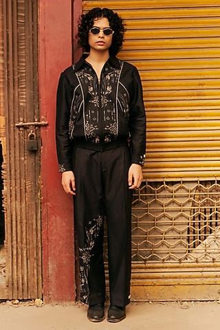 Black Linen Blend Embroidered Co-Ord Set by Not So Couture