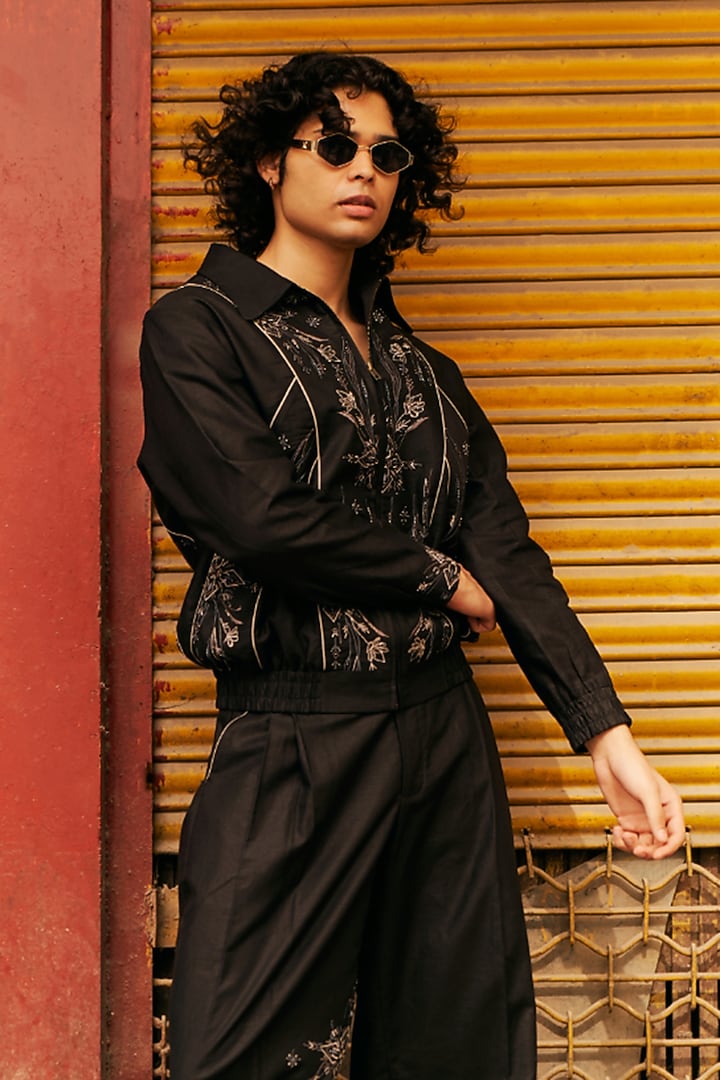 Black Linen Blend Embroidered Co-Ord Set by Not So Couture at Pernia's Pop Up Shop