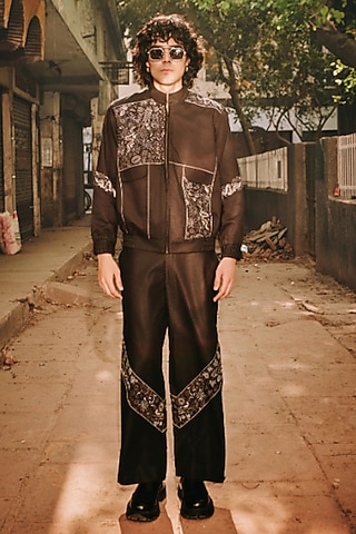 Muted Black Linen Blend Embroidered Co-Ord Set by Not So Couture