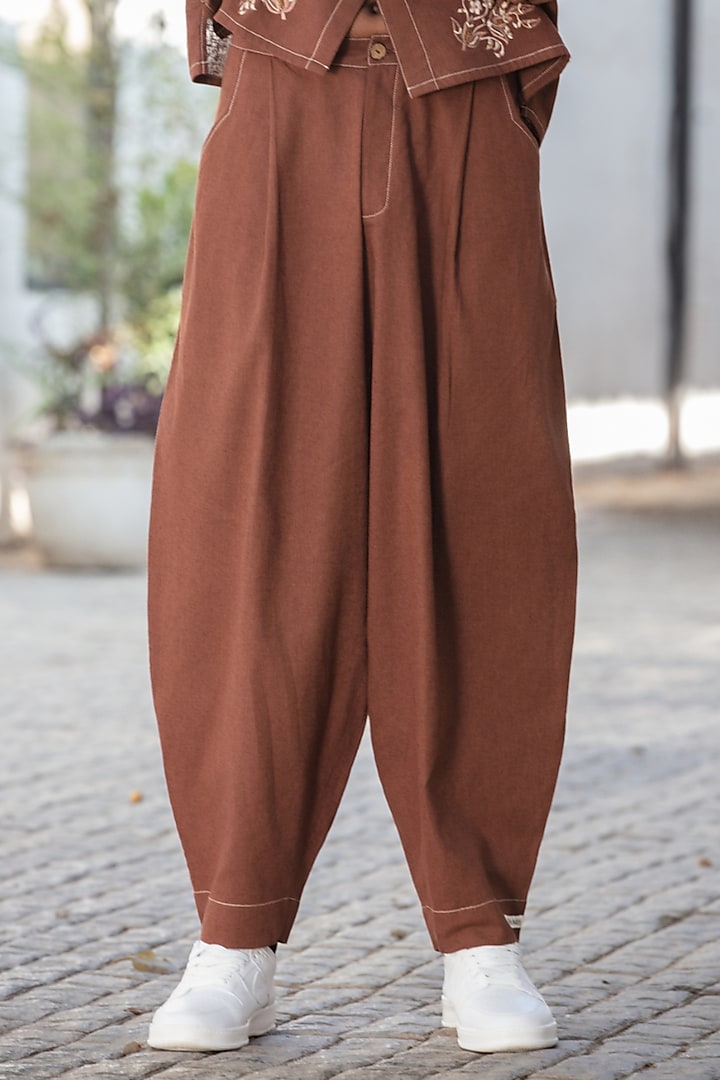 Brown Linen Blend Oversized Balloon-Style Trousers by Not So Couture at Pernia's Pop Up Shop