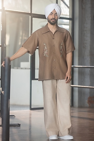 Beige Linen Blend Trousers by Not So Couture