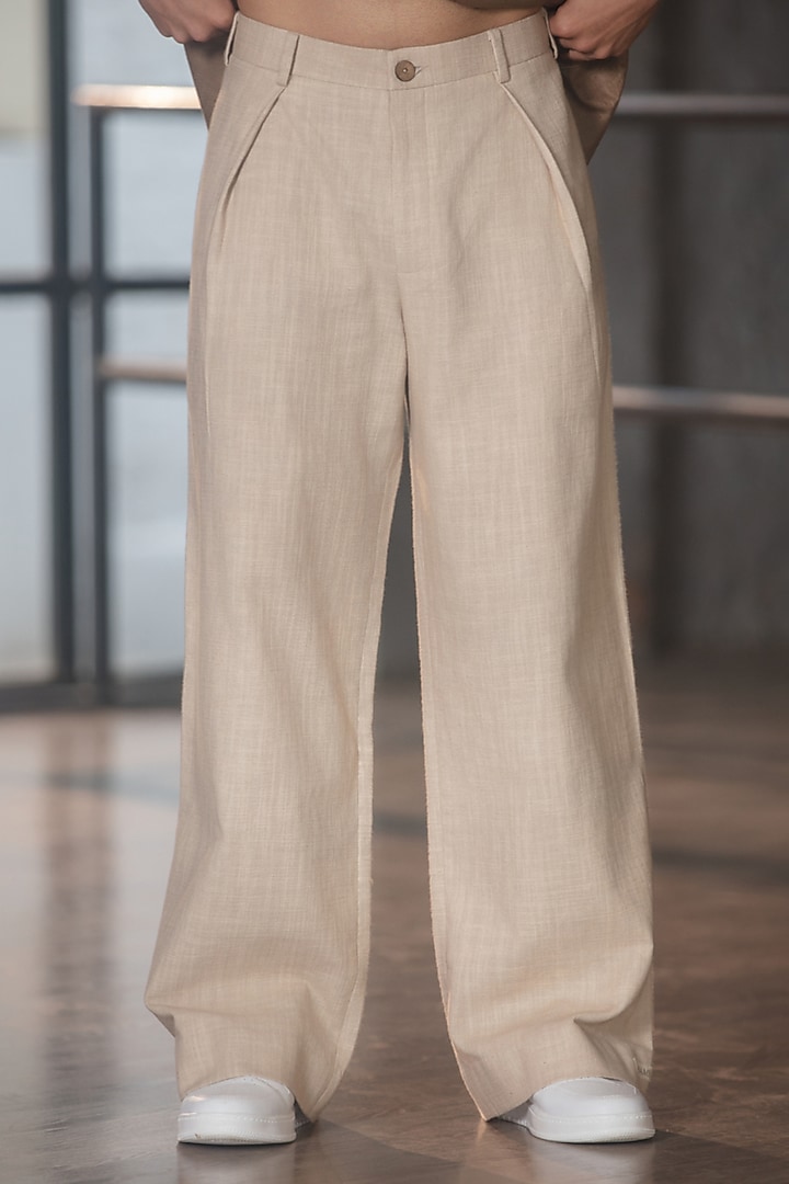 Beige Linen Blend Trousers by Not So Couture at Pernia's Pop Up Shop