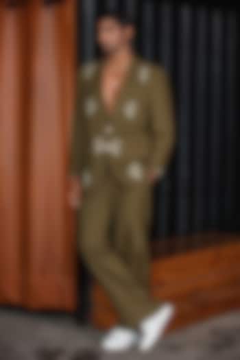 Olive Green Linen Blend Embroidered Blazer Set by Not So Couture at Pernia's Pop Up Shop