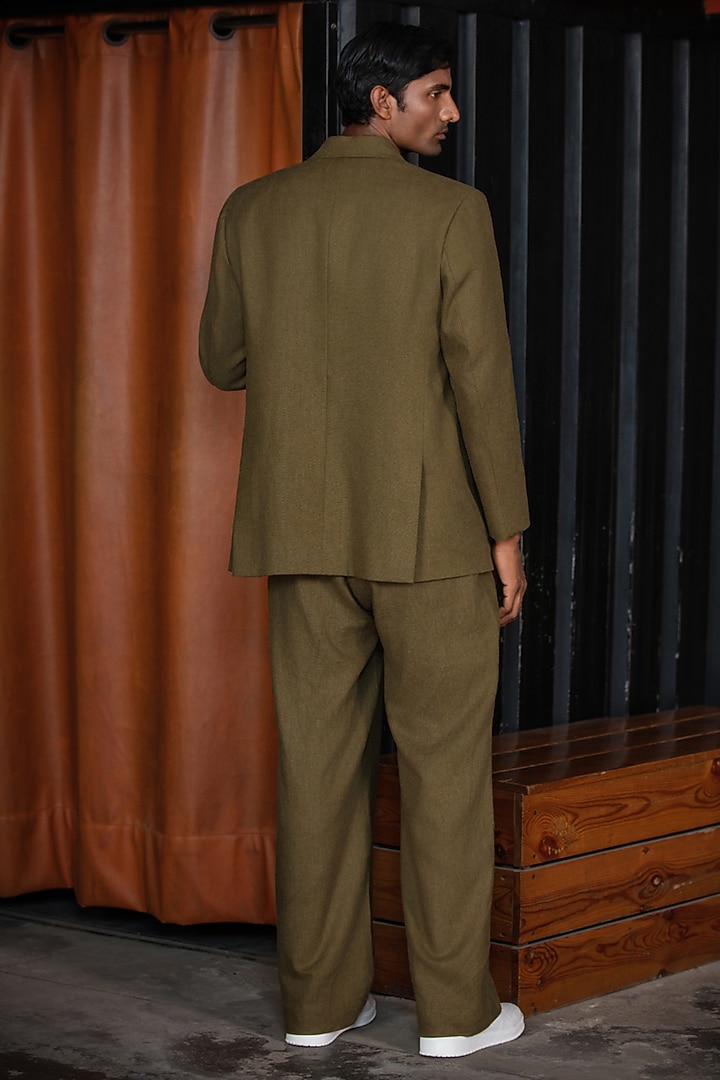 Olive Green Linen Blend Embroidered Blazer Set by Not So Couture at Pernia's Pop Up Shop