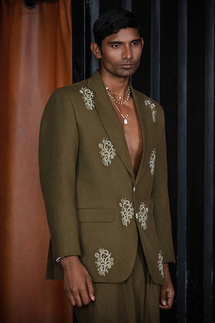Olive Green Linen Blend Embroidered Blazer Set by Not So Couture at Pernia's Pop Up Shop