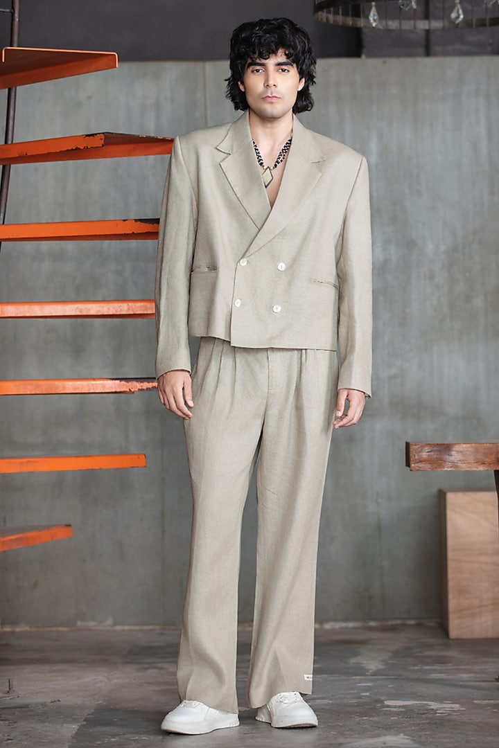 Grey Linen Double-Breasted Blazer Set by Not So Couture at Pernia's Pop Up Shop
