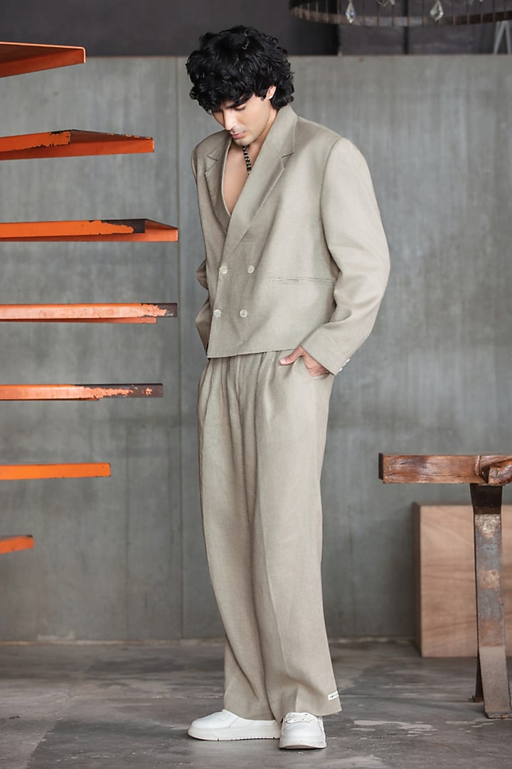 Grey Linen Double-Breasted Blazer Set by Not So Couture at Pernia's Pop Up Shop