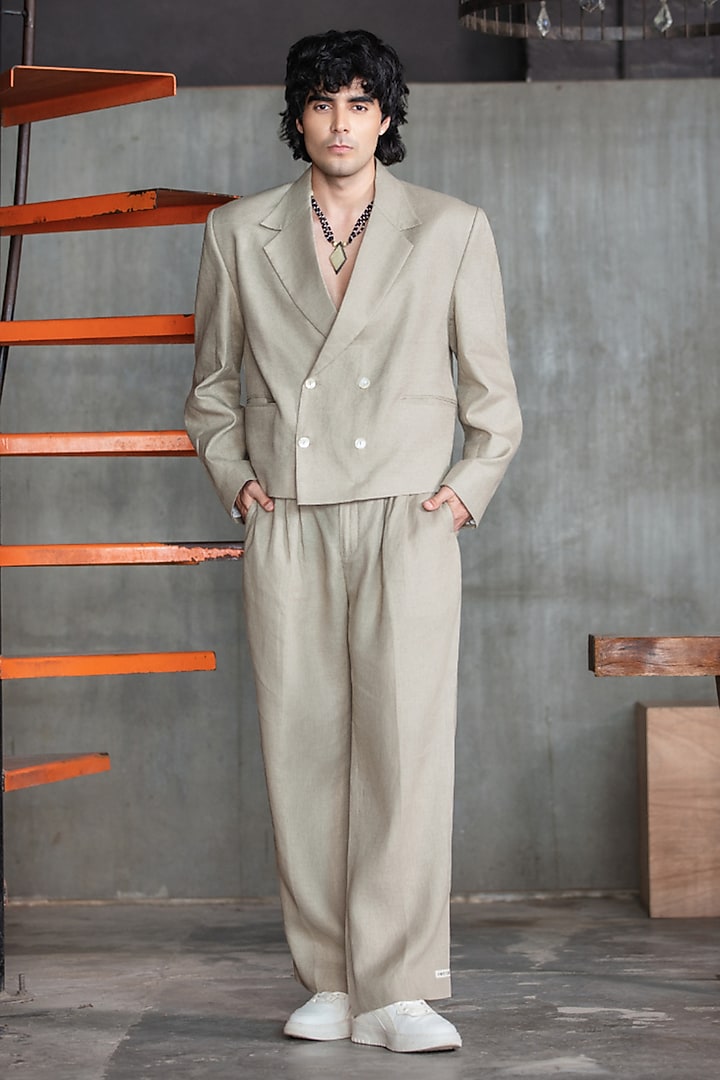 Grey Linen Double-Breasted Blazer Set by Not So Couture at Pernia's Pop Up Shop