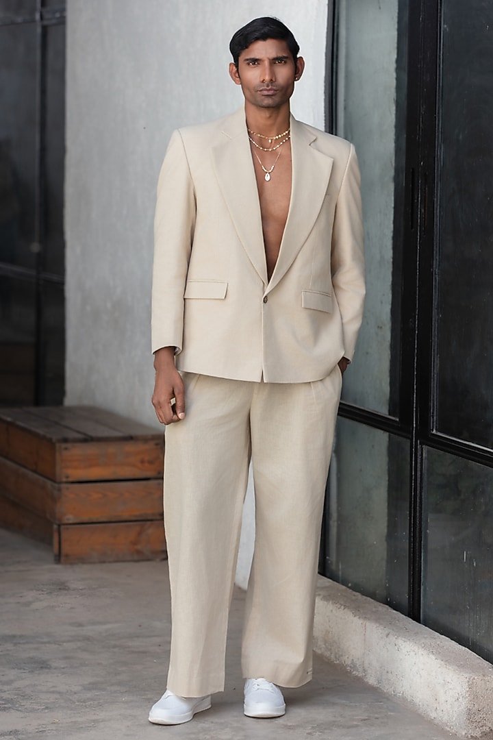 Beige Linen Blend Blazer Set by Not So Couture at Pernia's Pop Up Shop