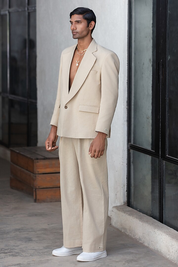Beige Linen Blend Blazer Set by Not So Couture at Pernia's Pop Up Shop