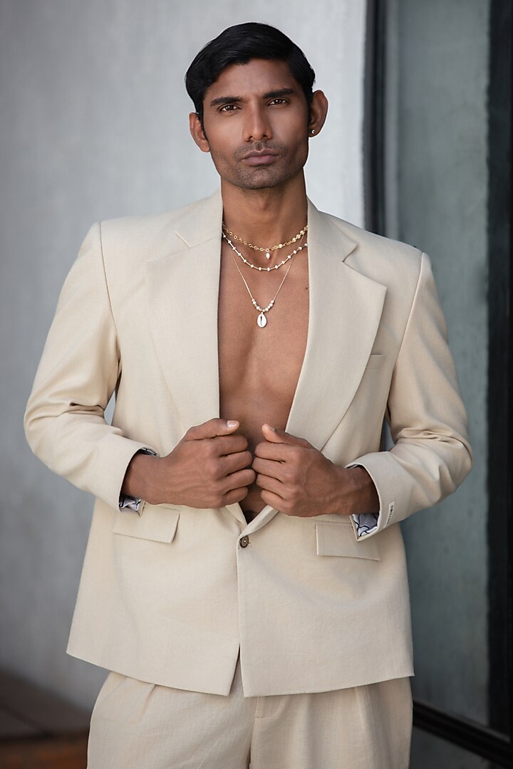 Beige Linen Blend Blazer Set by Not So Couture at Pernia's Pop Up Shop