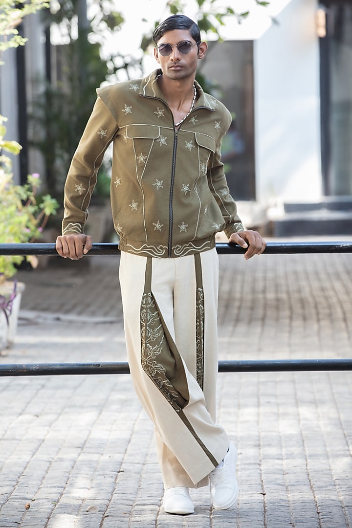 Beige-Olive Linen Blend Wide-Leg Trousers by Not So Couture at Pernia's Pop Up Shop