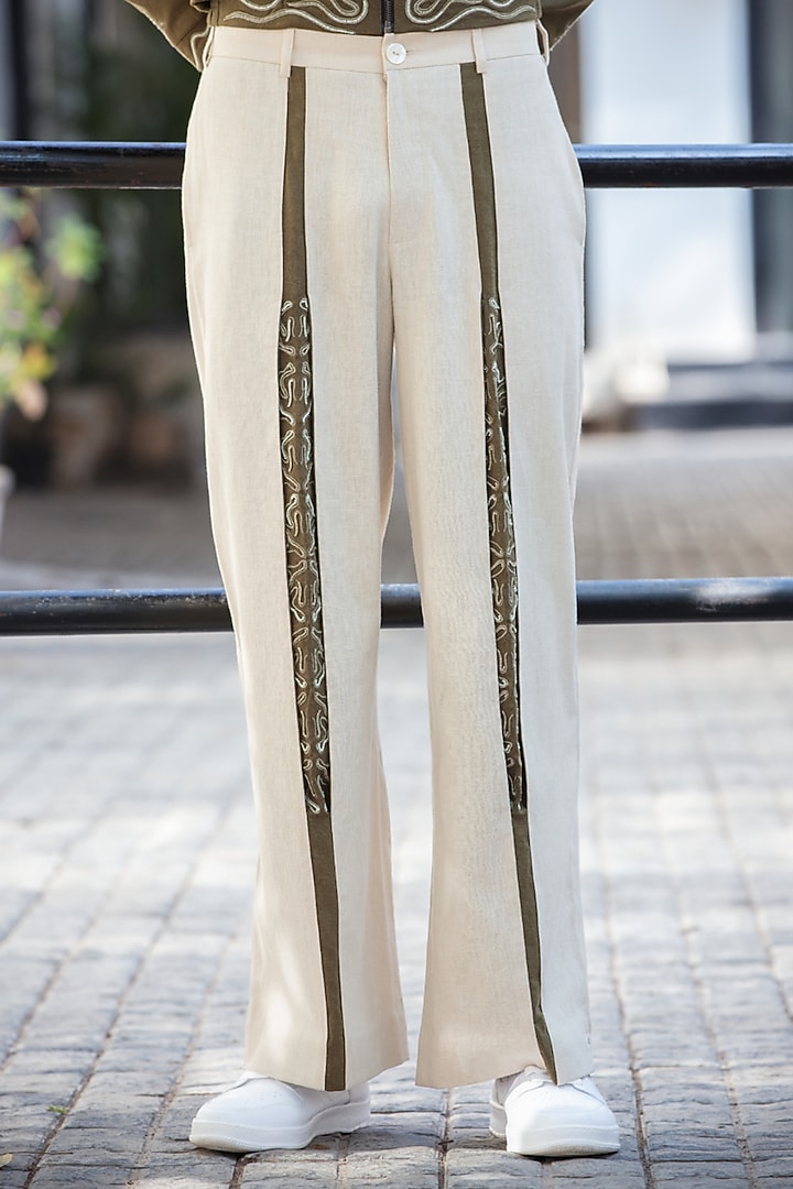 Beige-Olive Linen Blend Wide-Leg Trousers by Not So Couture at Pernia's Pop Up Shop