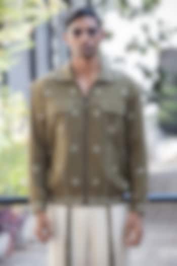Olive Green Linen Blend Embroidered Jacket by Not So Couture at Pernia's Pop Up Shop