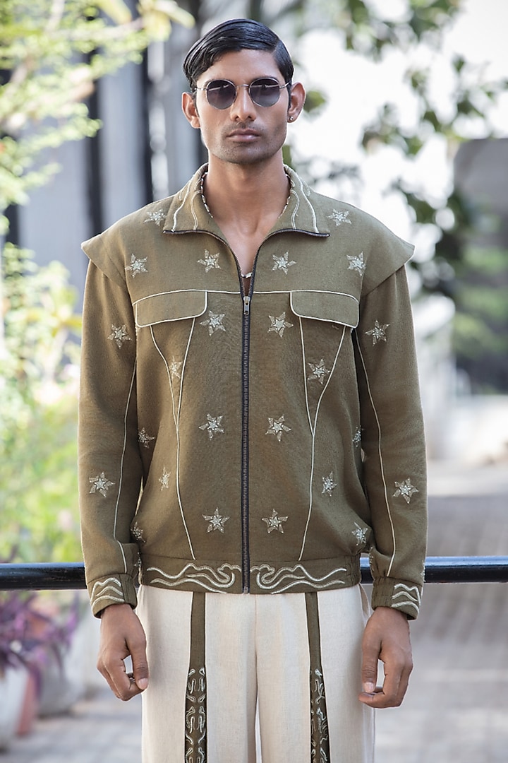 Olive Green Linen Blend Embroidered Jacket by Not So Couture at Pernia's Pop Up Shop