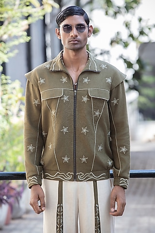 Olive Green Linen Blend Embroidered Jacket by Not So Couture