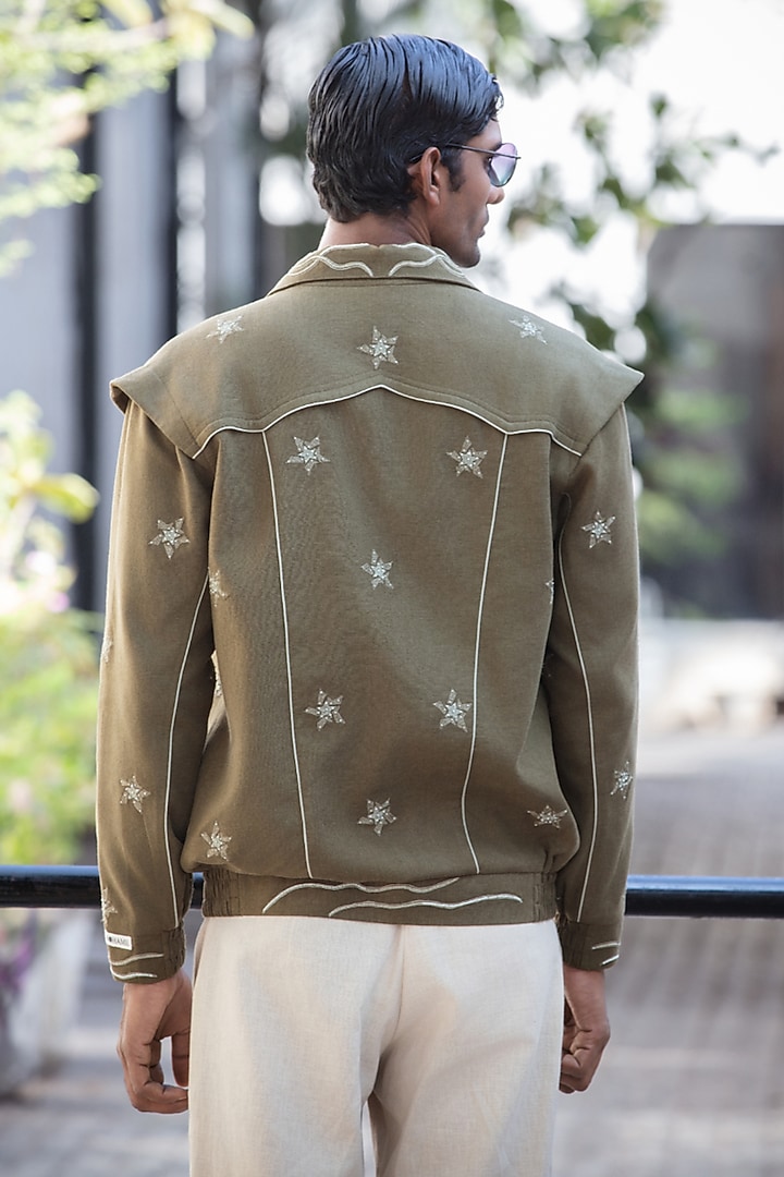 Olive Green Linen Blend Embroidered Jacket by Not So Couture at Pernia's Pop Up Shop