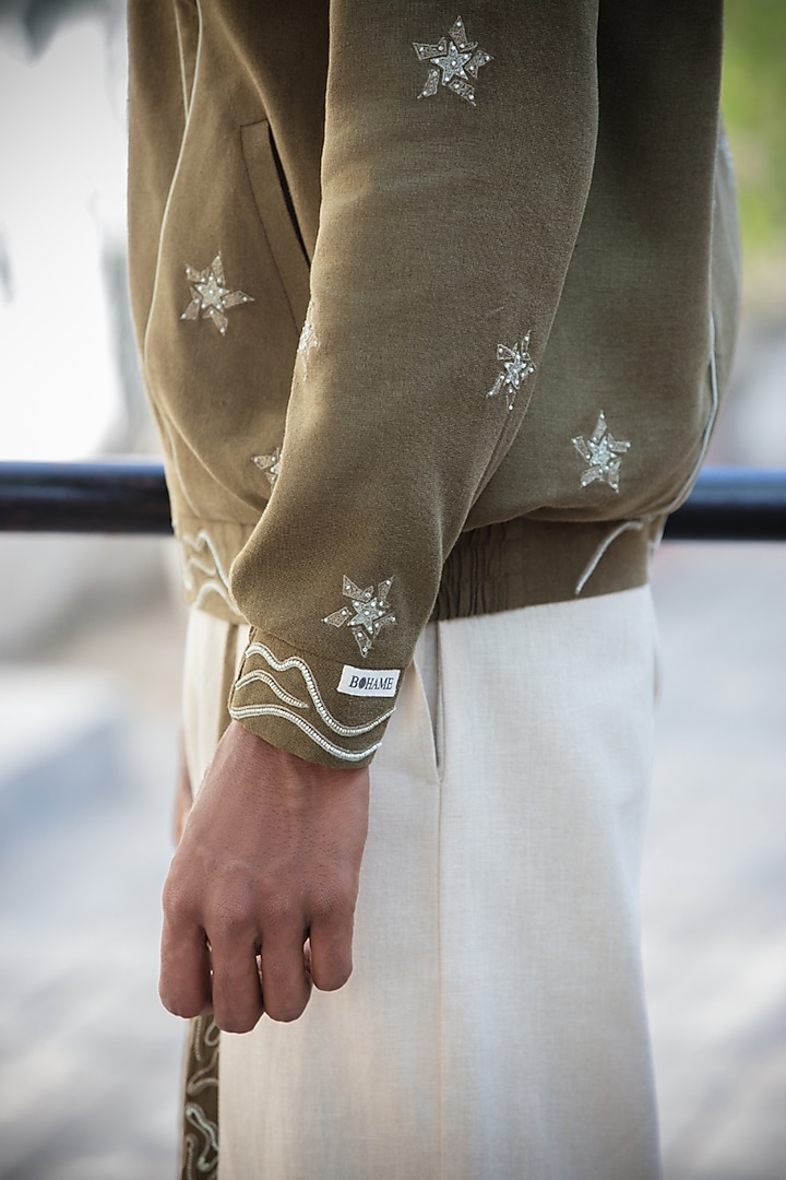 Olive Green Linen Blend Embroidered Jacket by Not So Couture at Pernia's Pop Up Shop